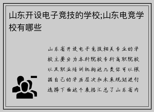 山东开设电子竞技的学校;山东电竞学校有哪些