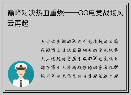 巅峰对决热血重燃——GG电竞战场风云再起